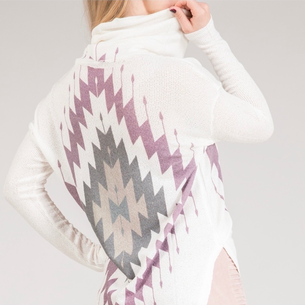 Cowl Turtle Neck Aztec Hi/Lo Sides Sweater - Picture 8 of 8